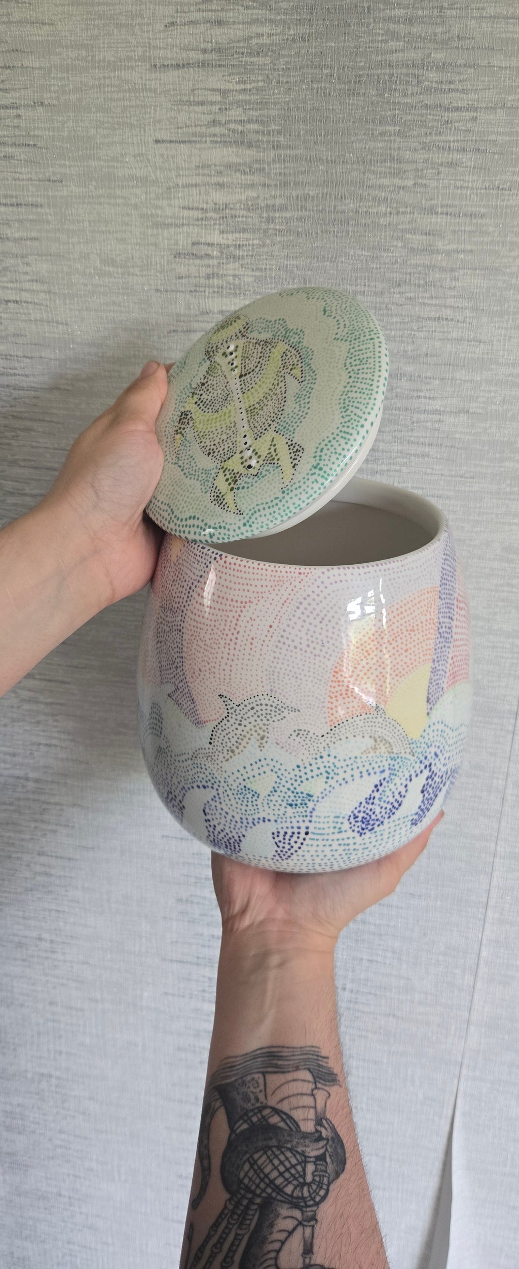 Hand Painted Ocean Cookie Jar – Dot Art Whale & Dolphin Storage Jar