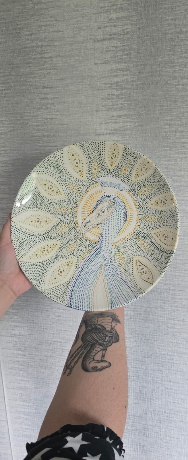 Hand Painted Peacock Ceramic Plate – Mandala Dot Art